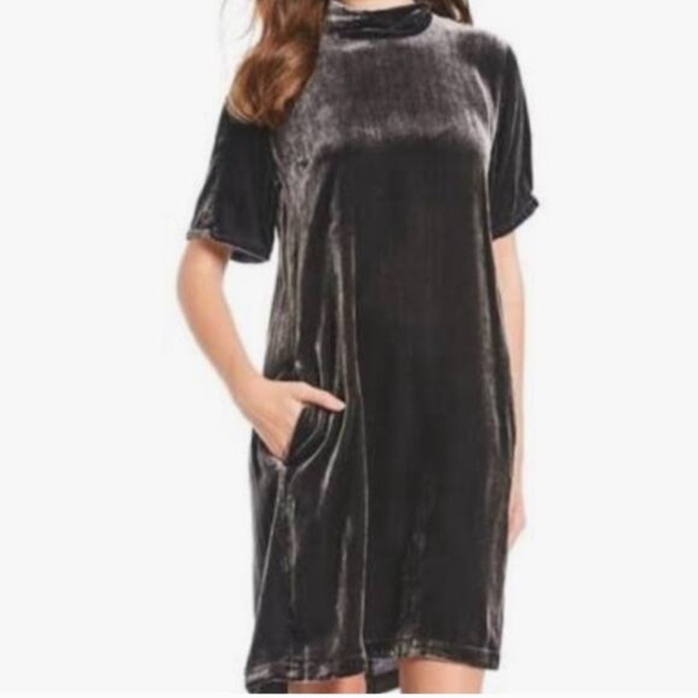 Eileen Fisher Petite‎ Crushed Velvet Mock Neck Tie Back Dress Brown PS Small
